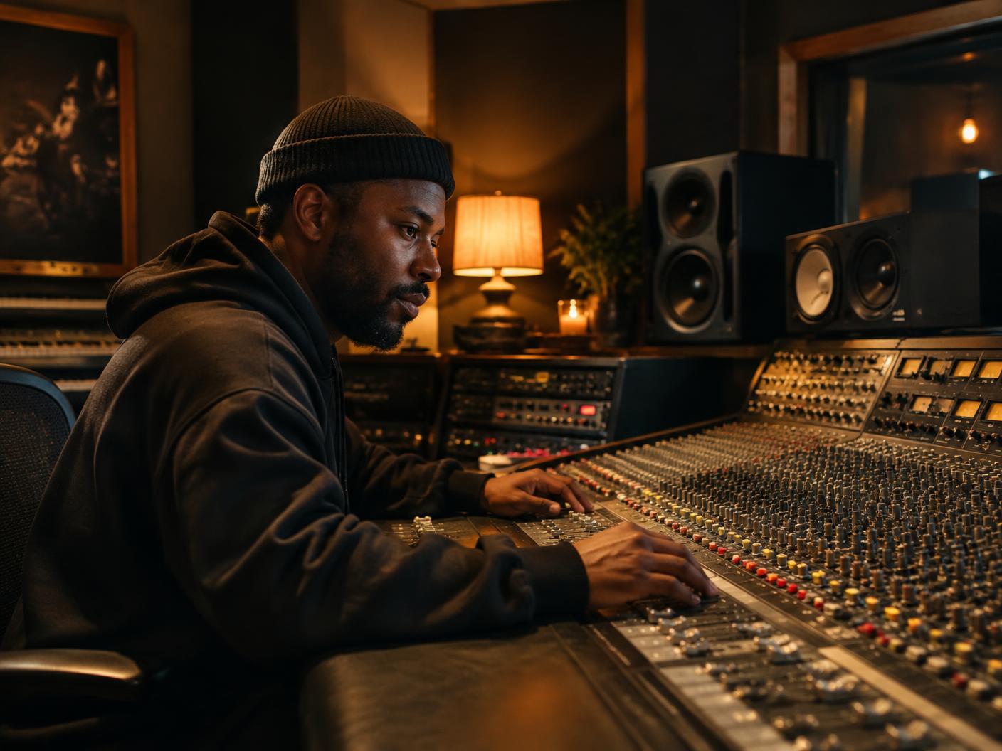 Producer shaping a mix at the Gabriel Studios console